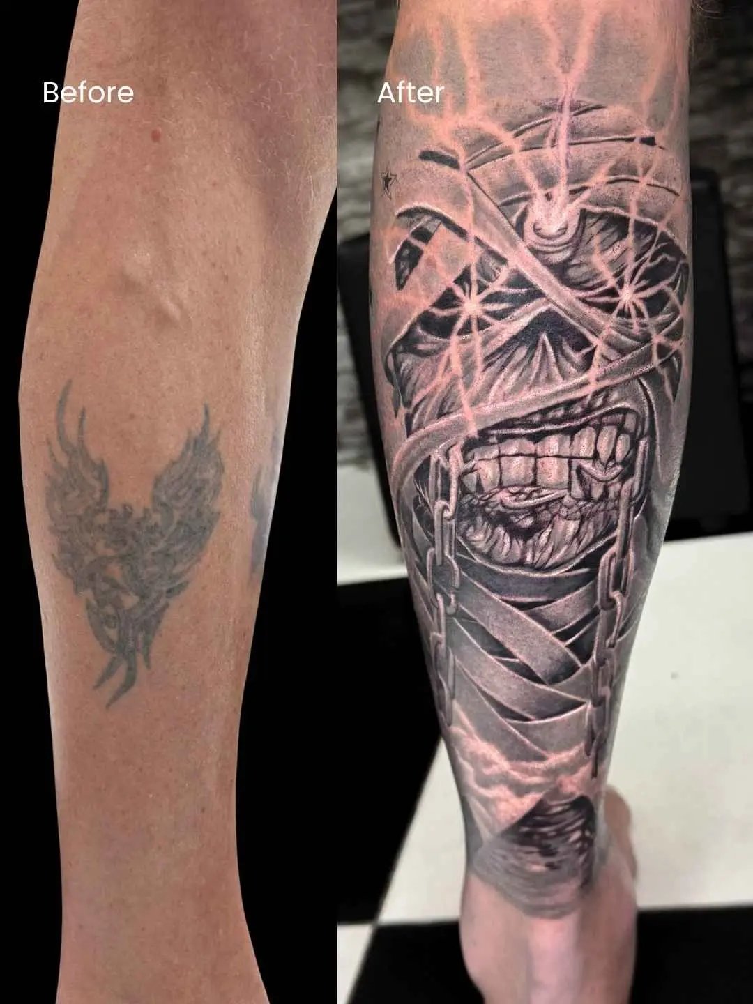 leg cover-up tattoo by fame tattoo